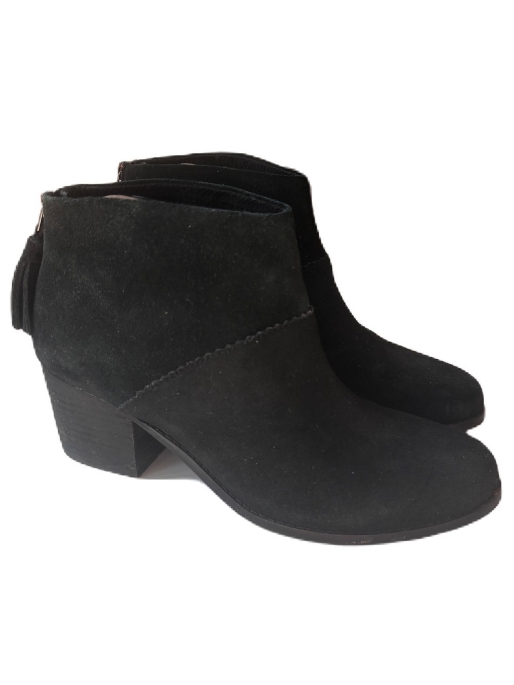 Toms Black Suede Leila Ankle Boots Booties Tassel Back‎ Zippers Women's Size 9